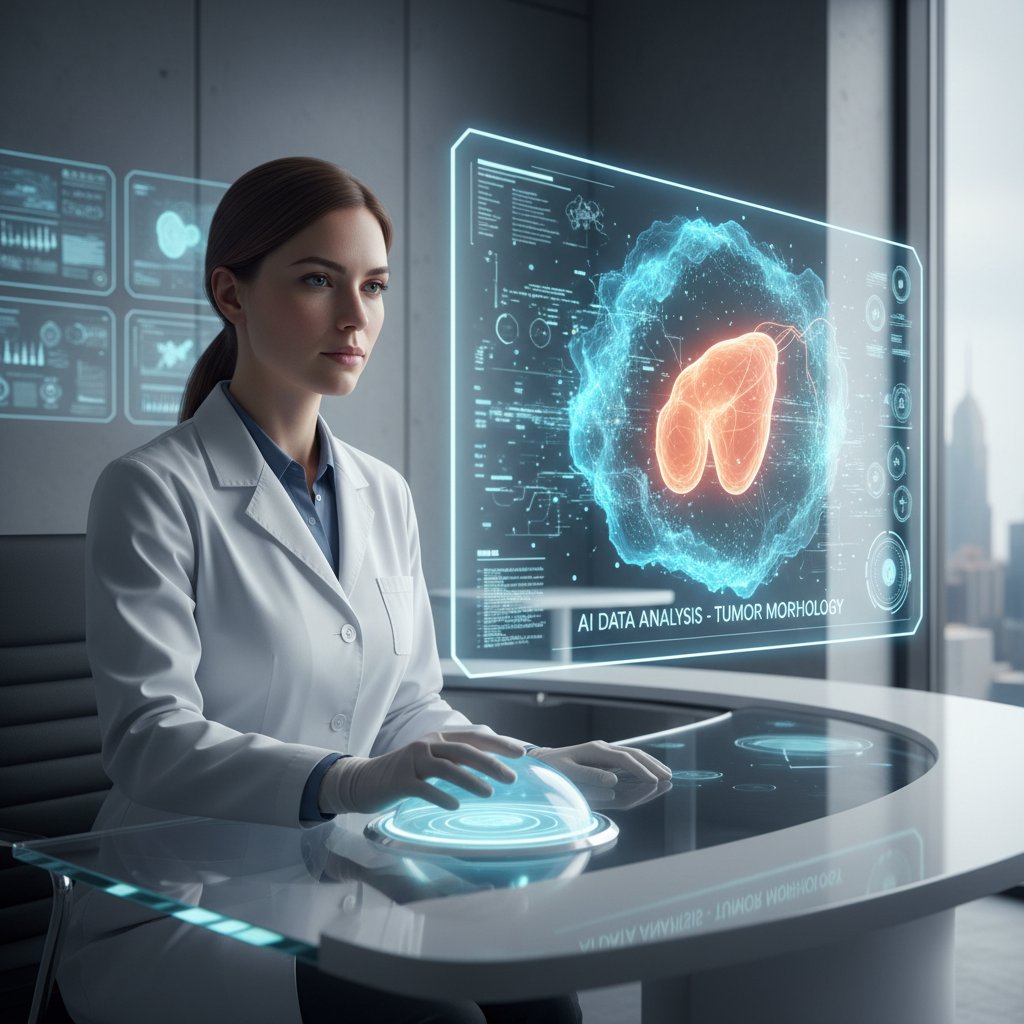 Lekarz przy komputerze, analiza danych przez AI, wyczuwalny guz, nowoczesna diagnostyka