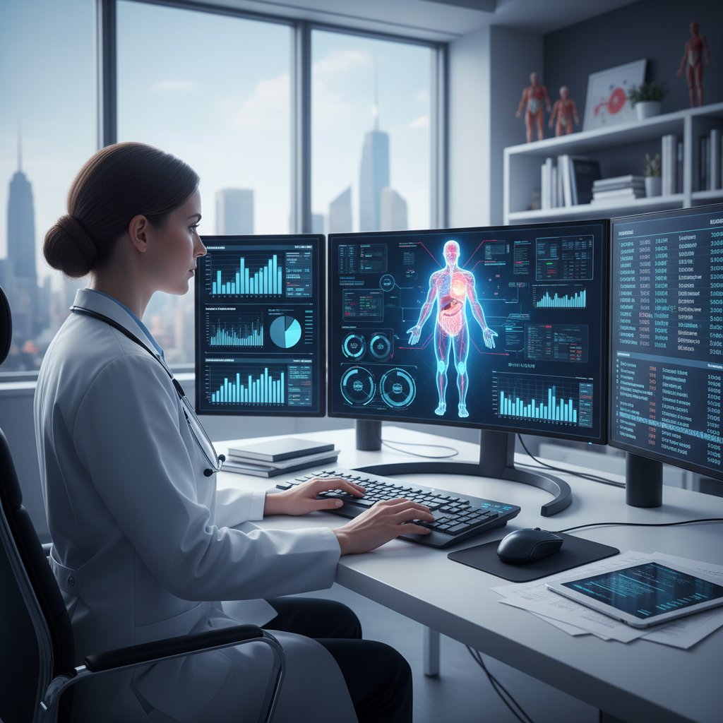 Lekarz i komputer z wizualizacją analizy danych, ekran z wykresami i schematem ciała