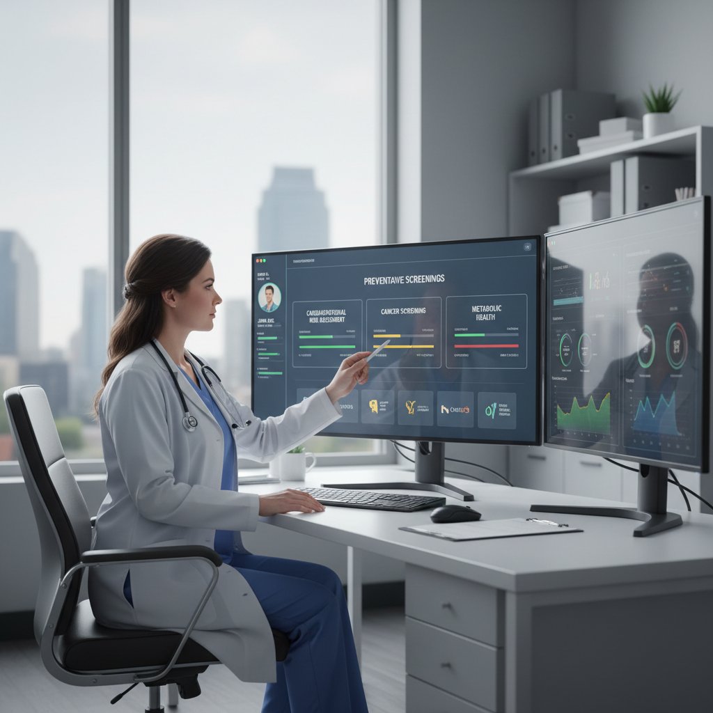 Lekarz analizujący wyniki badań przesiewowych na ekranie komputera, widoczny panel różnych chorób