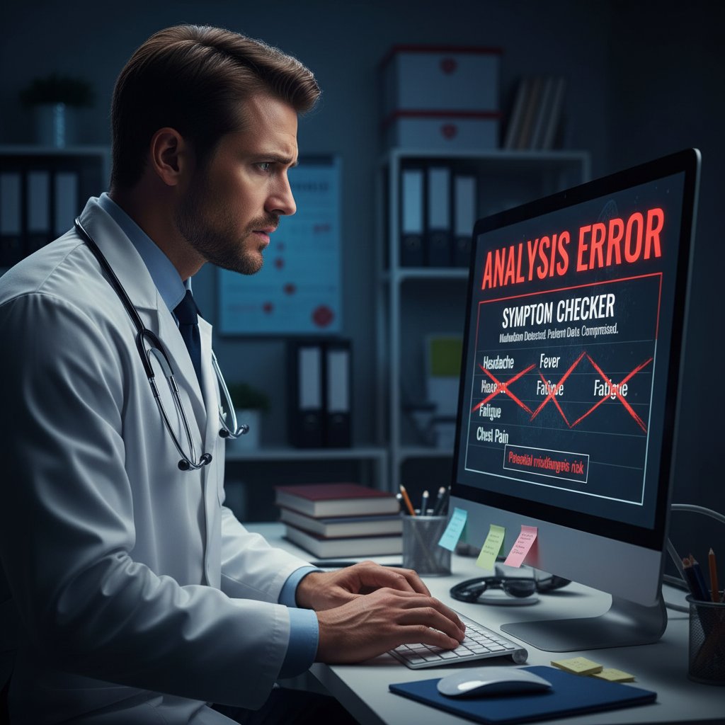 Lekarz patrzący na ekran komputera z wyraźnym zmartwieniem, widoczny wykres błędu analizy
