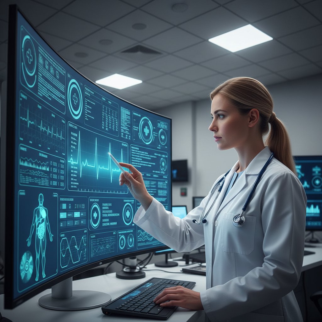 Algorytm decydujący o kolejkach do lekarza – człowiek przed monitorem z danymi medycznymi