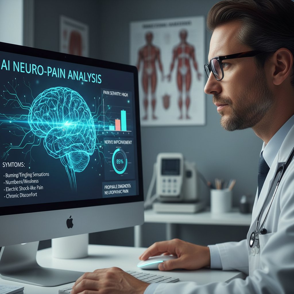 Zbliżenie na ekran komputera z analizą AI objawów bólu, lekarz patrzy na dane