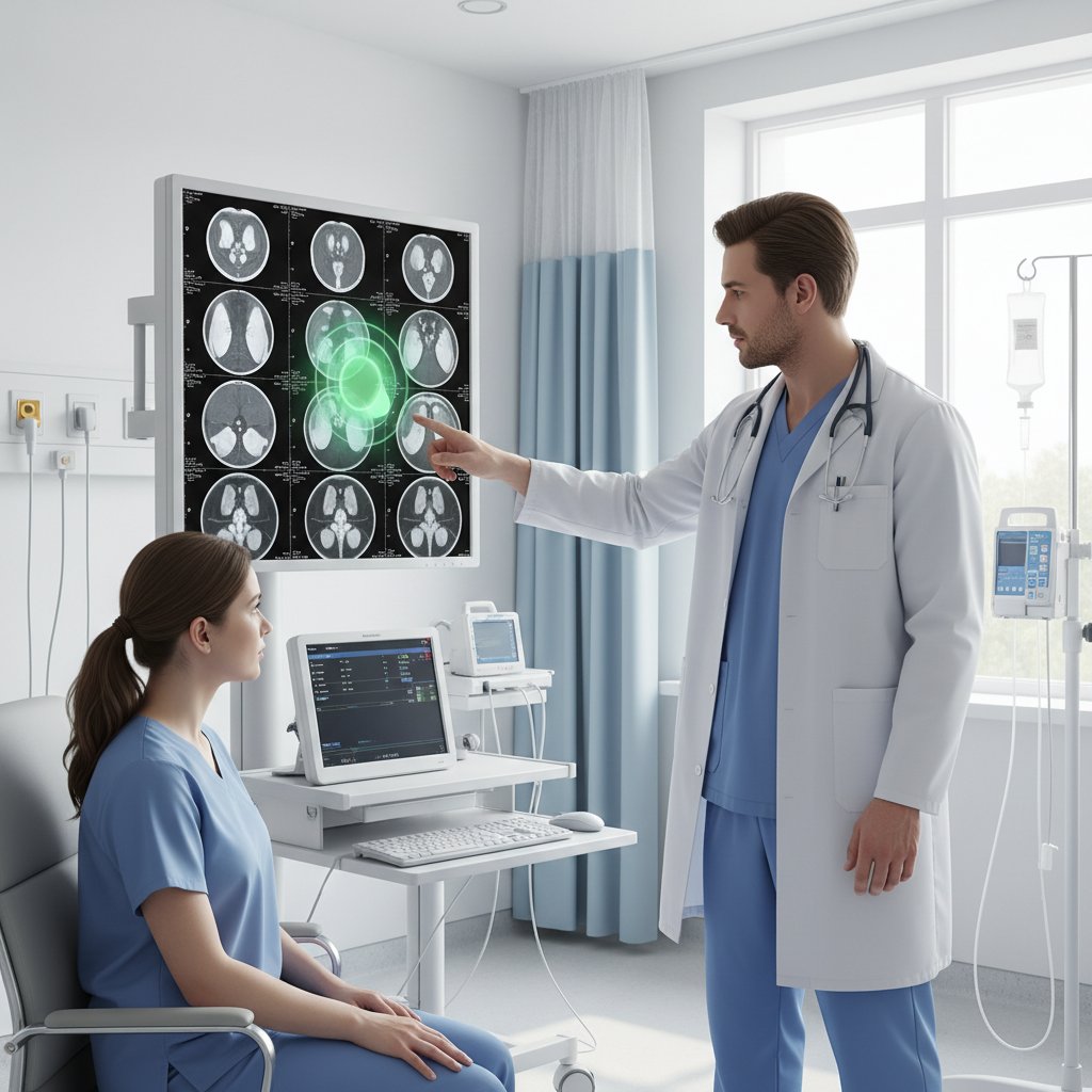 Lekarz analizujący tomografię komputerową głowy w szpitalnej sali diagnostycznej