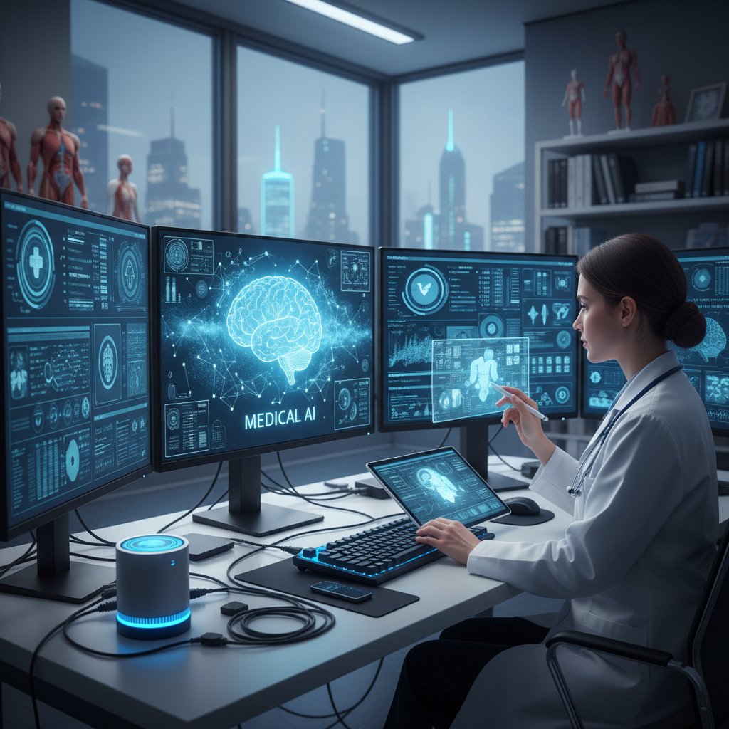 Specjalista analizujący dane zdrowotne na ekranie komputera, sztuczna inteligencja w medycynie