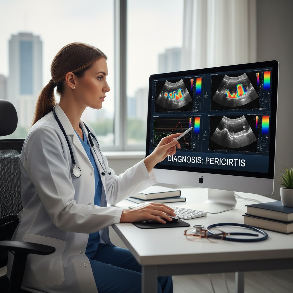 Lekarz analizujący wyniki echa serca na komputerze – ilustracja kluczowej roli badań w rozpoznaniu zapalenia osierdzia