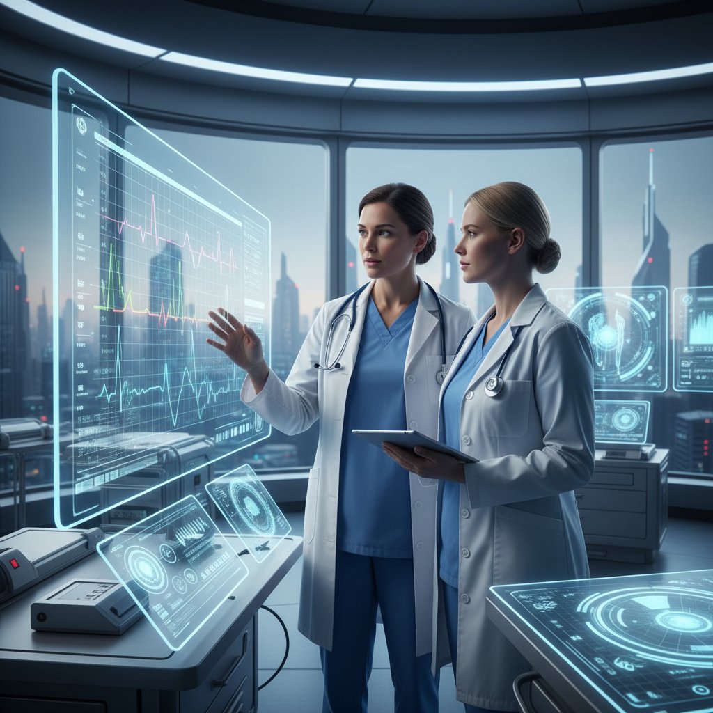 Lekarz analizujący wyniki EKG na monitorze, nowoczesna technologia, szpital