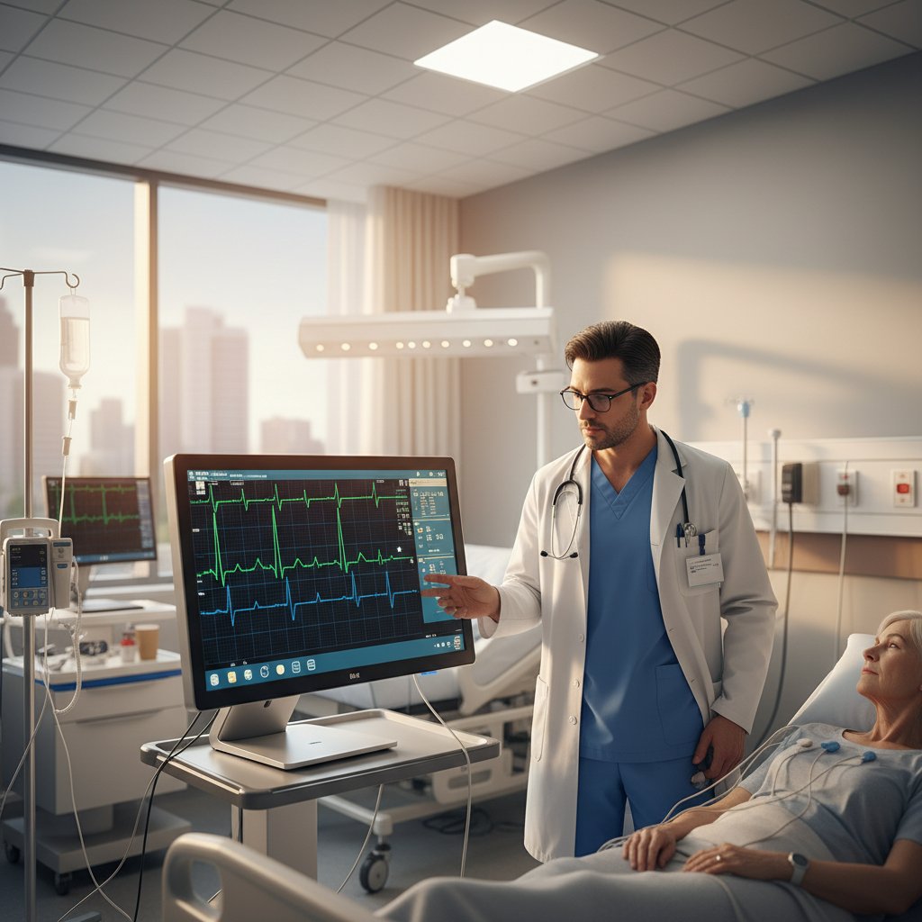 Zdjęcie lekarza analizującego zapis EKG na monitorze komputerowym obok pacjenta
