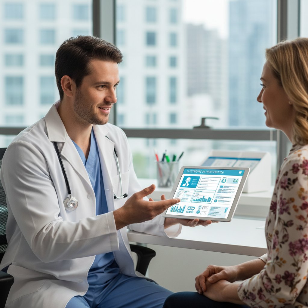 Lekarz korzysta z elektronicznego profilu pacjenta podczas konsultacji