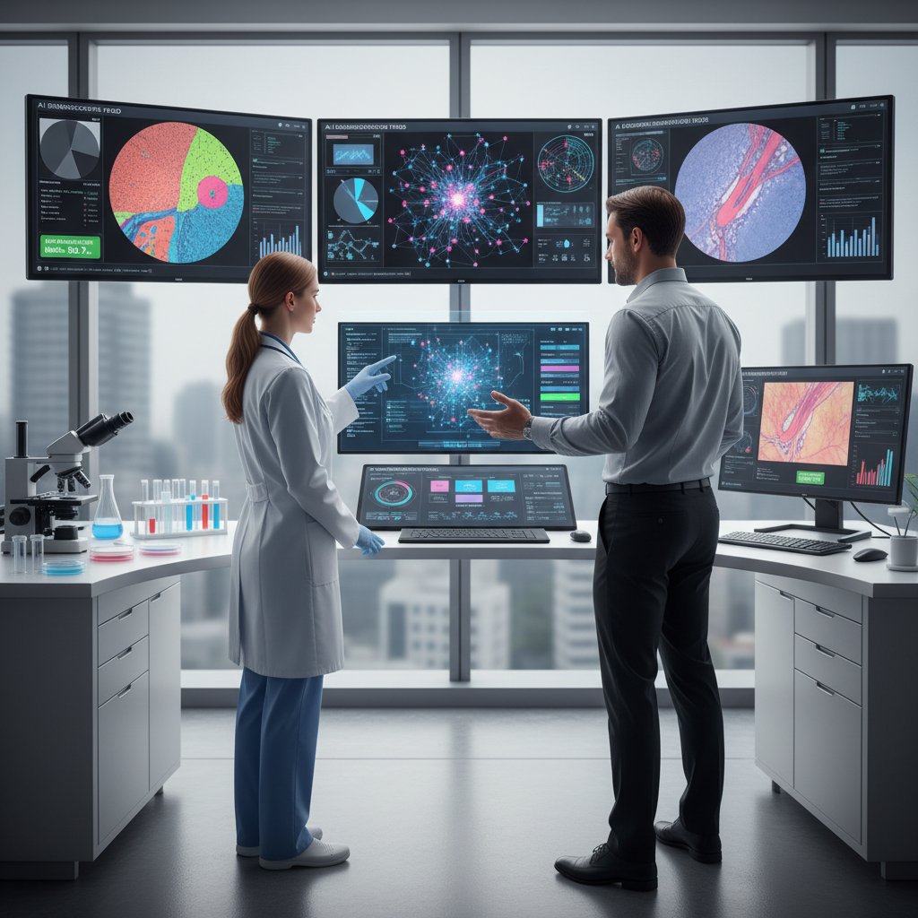 Lekarz i inżynier analizujący zdjęcia zmian skórnych na monitorach z widocznym interfejsem AI
