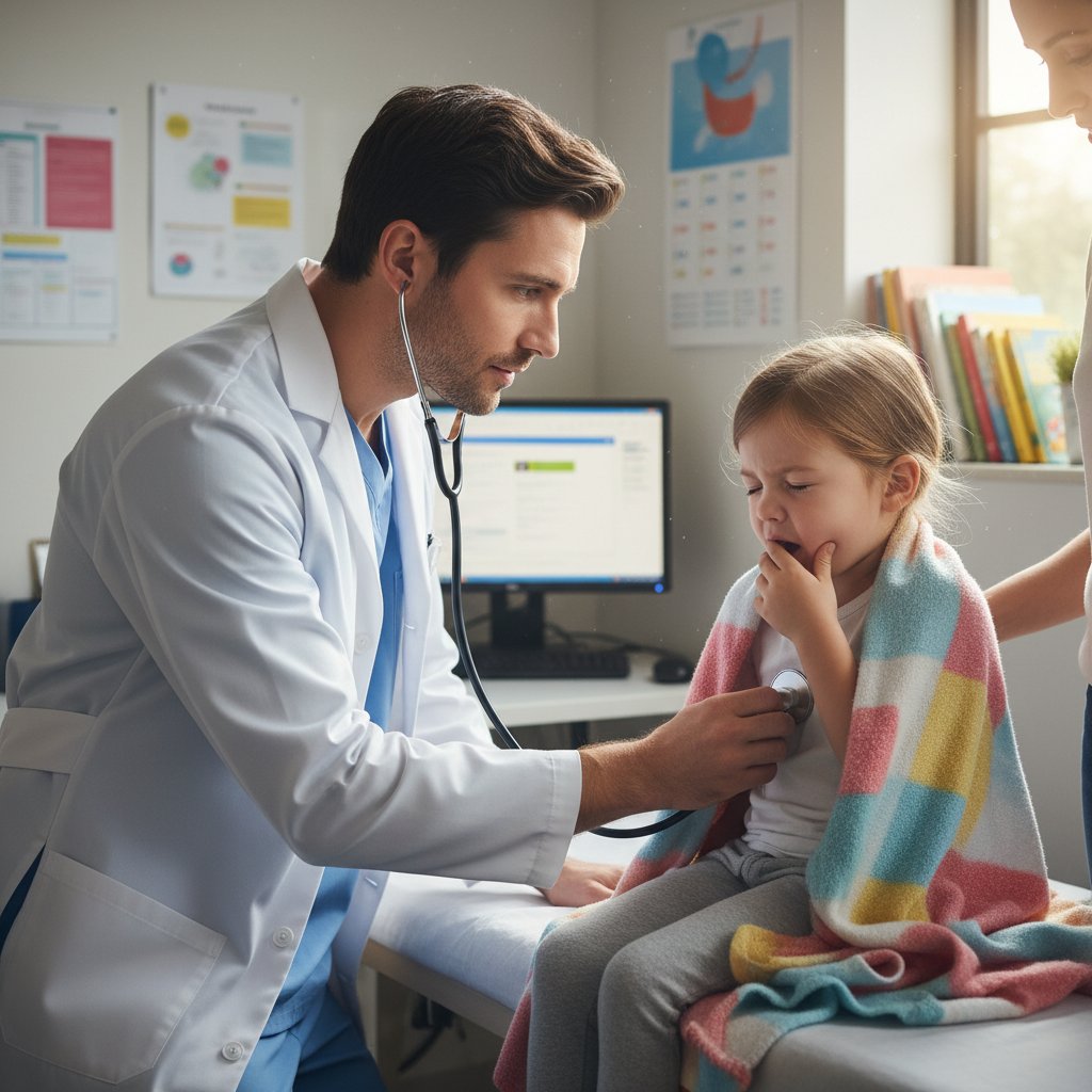 Lekarz badający dziecko z kaszlem