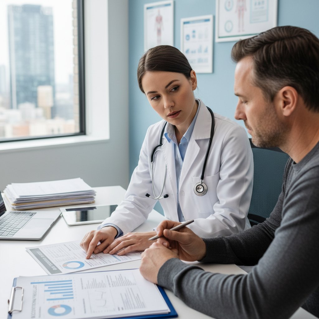 Lekarz tłumaczący wyniki badań pacjentowi, dokumentacja medyczna, skupienie