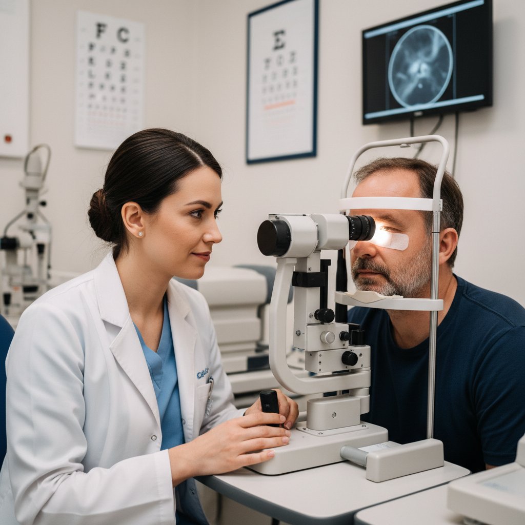 Lekarz wykonujący badanie wzroku u pacjenta, okulistyka