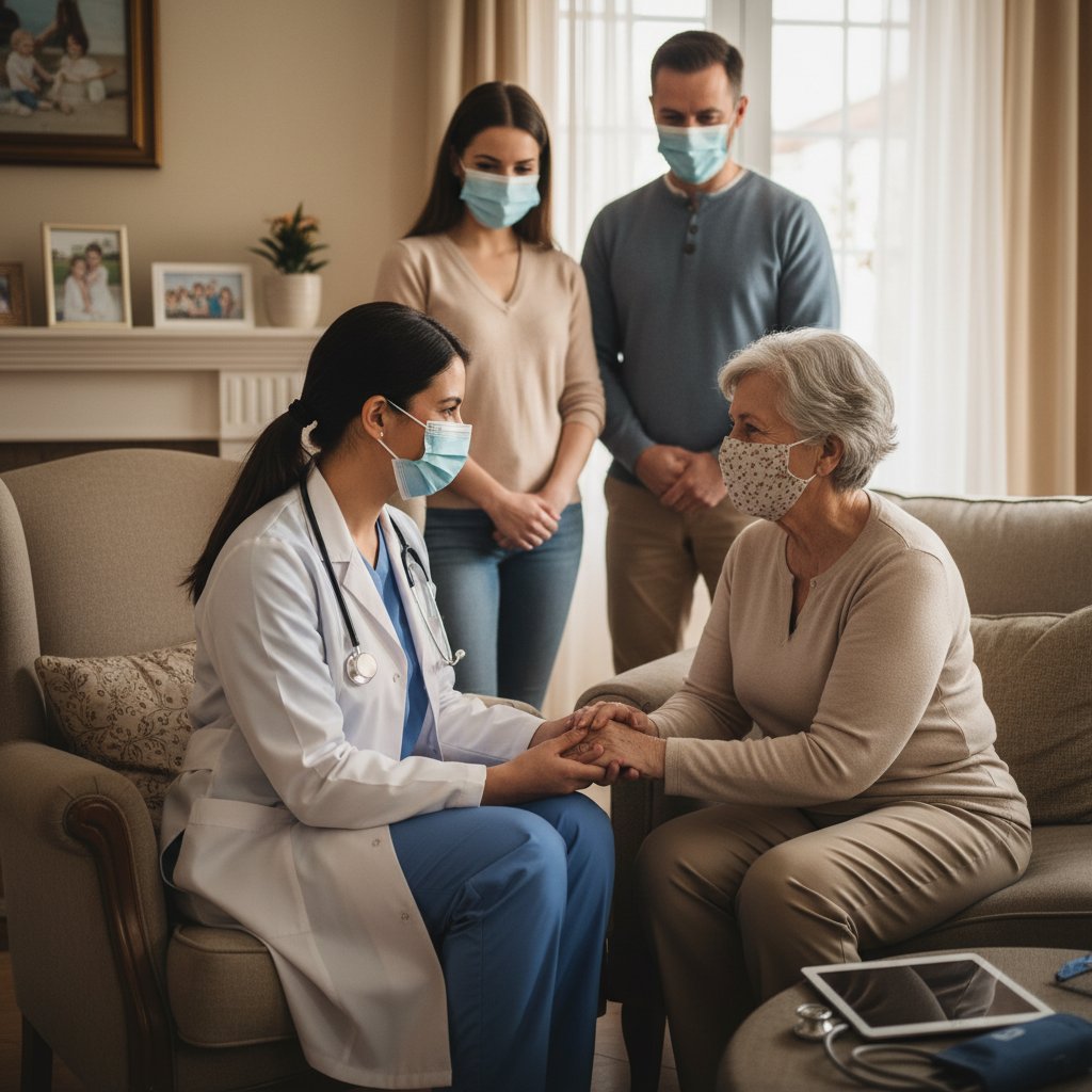 Lekarz w maseczce podczas wizyty domowej u seniora, poczucie bezpieczeństwa