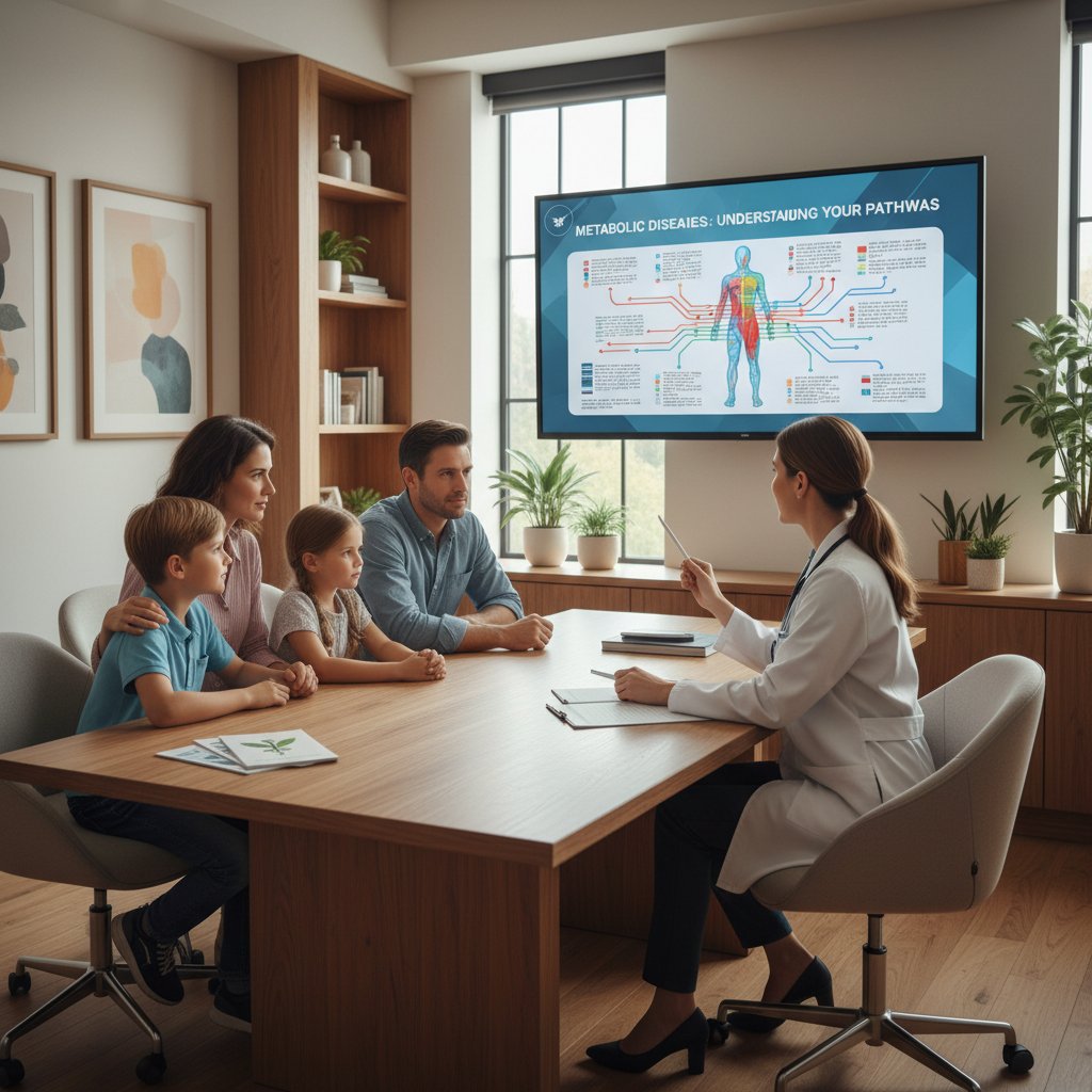 Lekarz tłumaczy rodzinie różnice pomiędzy chorobami metabolicznymi, sala poradni
