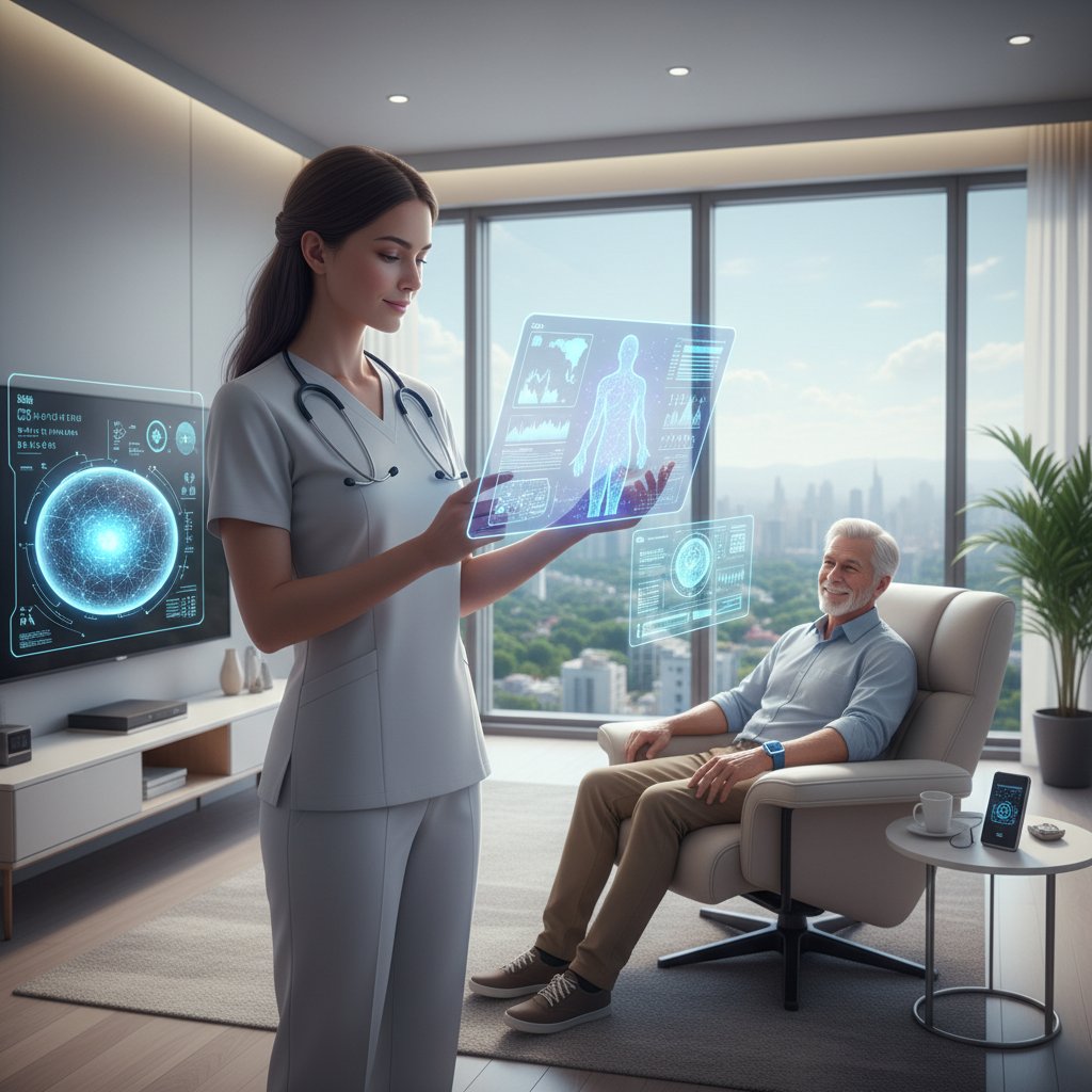 Technologia przyszłości – lekarz korzysta z tabletu i aplikacji AI podczas wizyty domowej