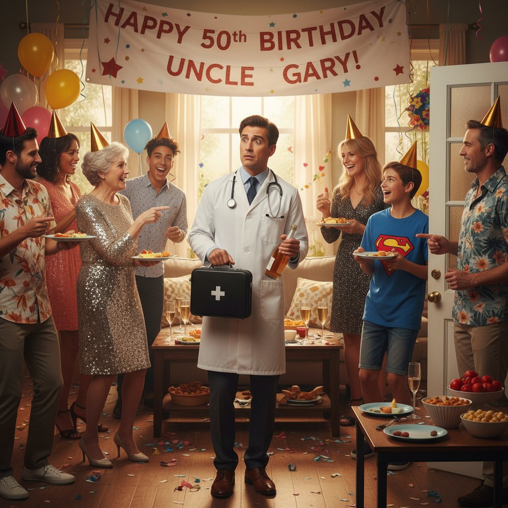 Komediodramatyczna scena – lekarz zastaje rodzinne przyjęcie podczas wizyty domowej