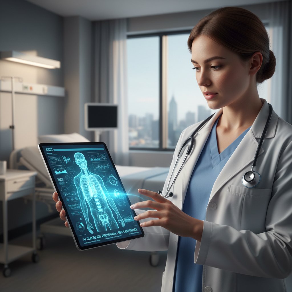 Lekarz pracujący z tabletem w szpitalu, na ekranie wyświetla się analiza objawów AI, współczesne wnętrze