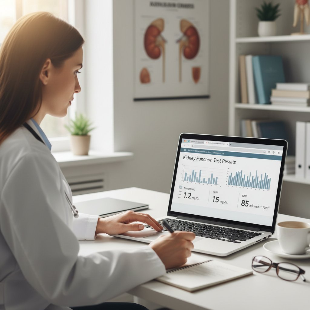 Lekarz analizuje przesłane wyniki badań nerek na ekranie laptopa