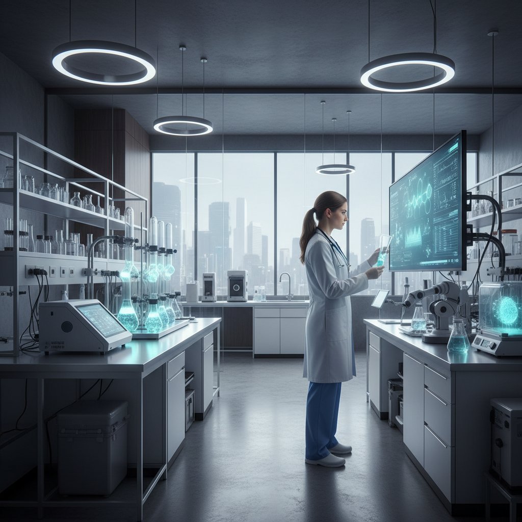 Lekarka w laboratorium analizująca próbki, tematyka badań nad lekami sarkoidozy, nowoczesne wnętrze