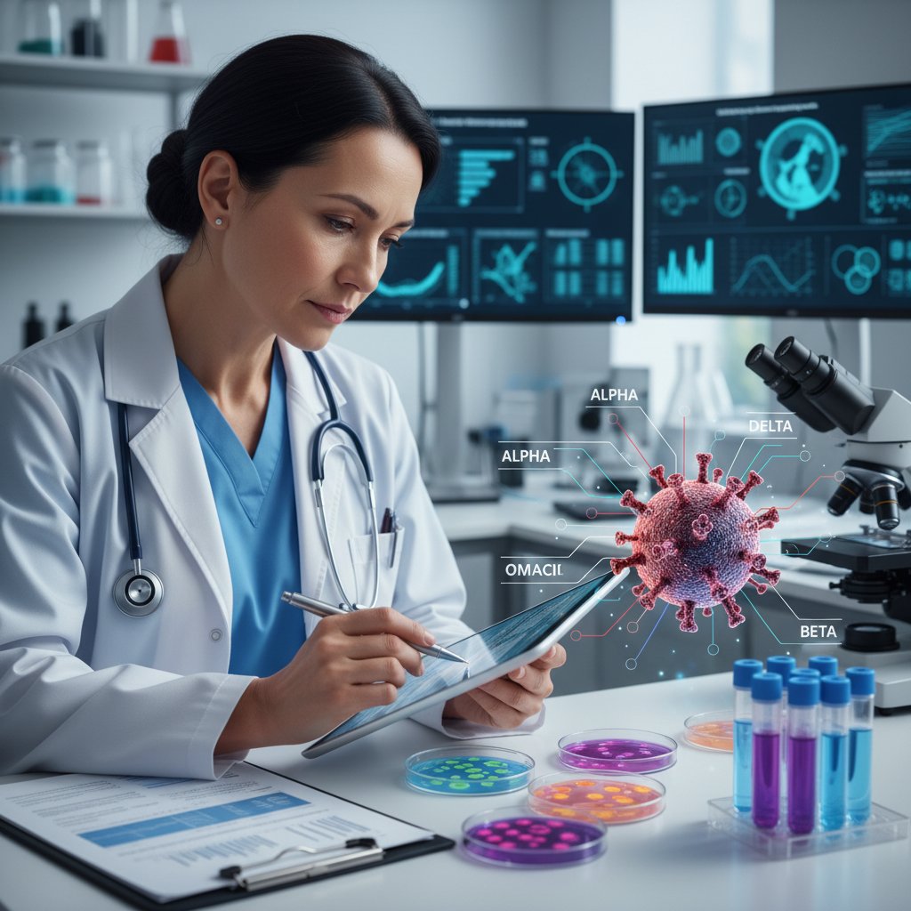 Lekarka analizuje wyniki badań laboratoryjnych dotyczących nowych wariantów koronawirusa