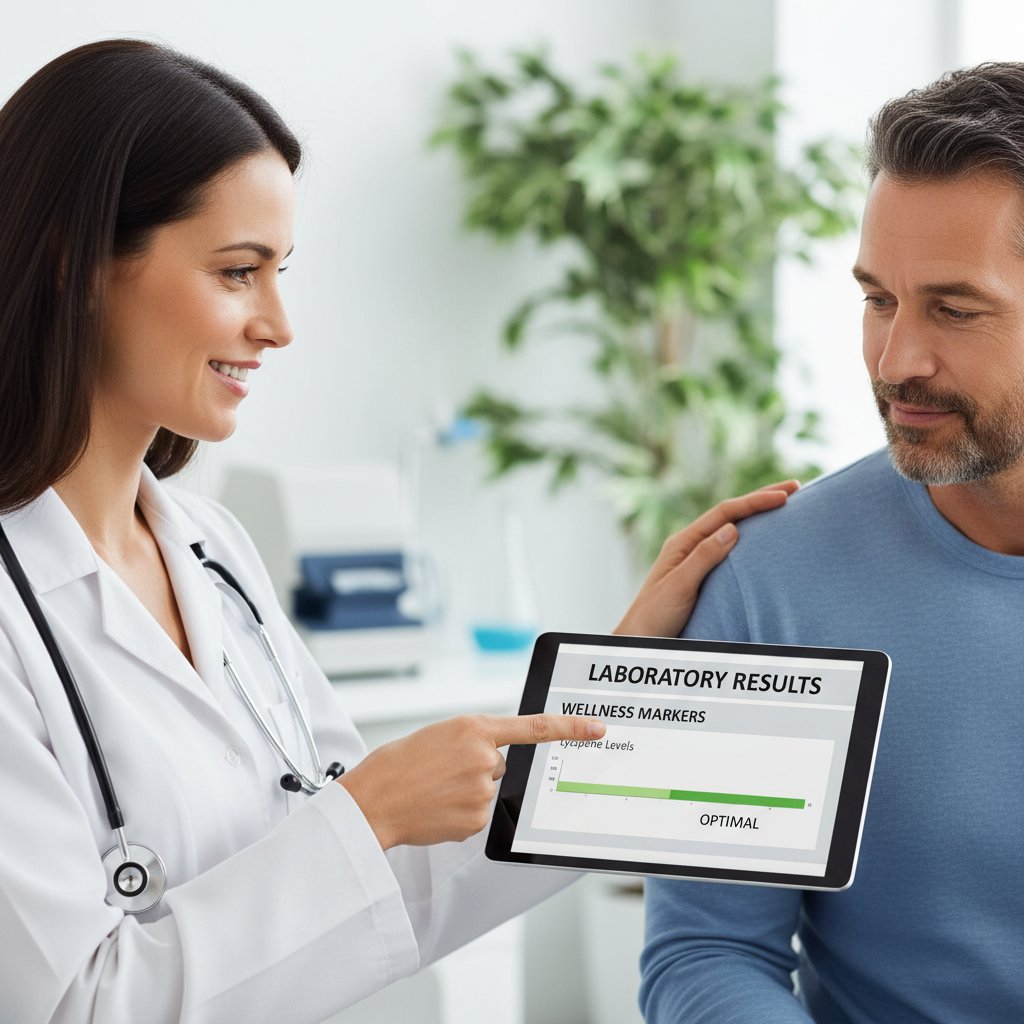 Lekarz analizujący wyniki badań laboratoryjnych dotyczących likopenu na ekranie komputera