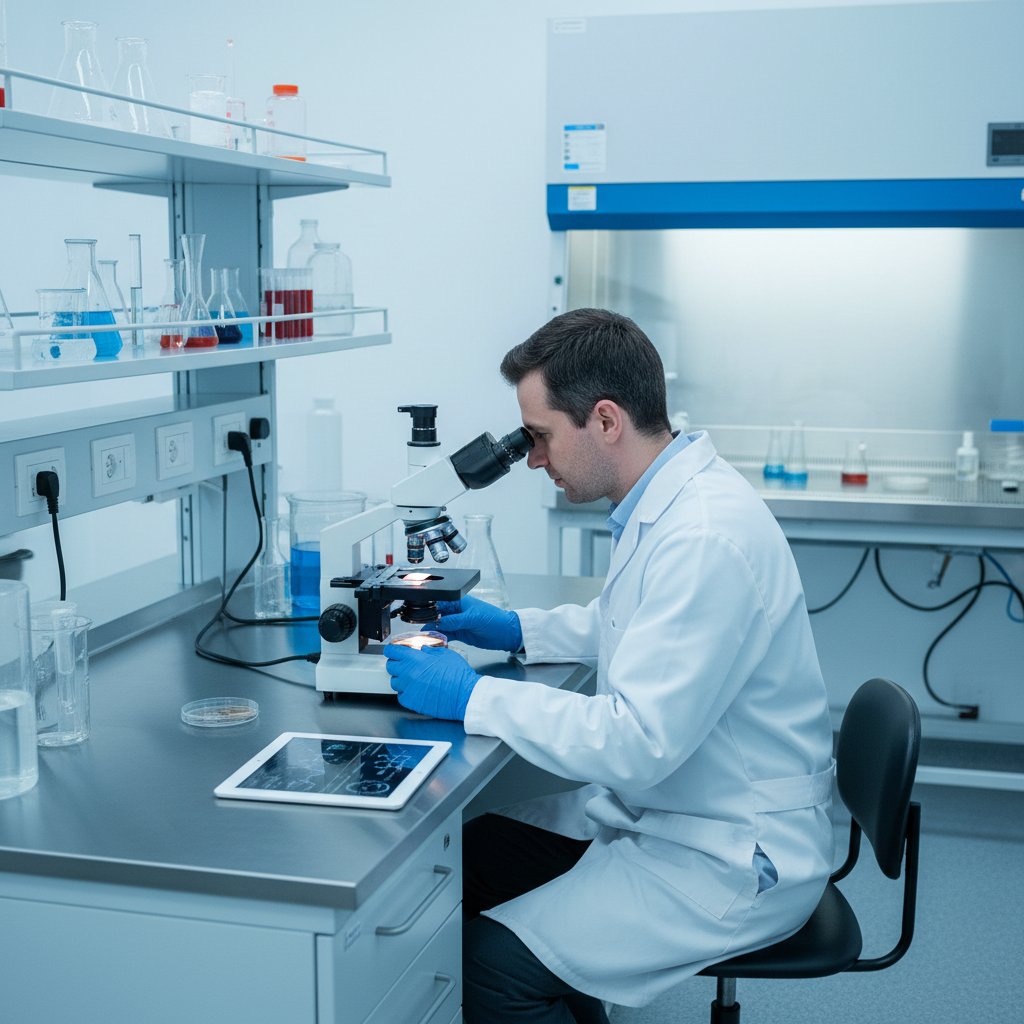 Zdjęcie lekarza analizującego próbkę pod mikroskopem, laboratorium medyczne, sterylne otoczenie, słowa kluczowe: adenowirus, analiza laboratoryjna