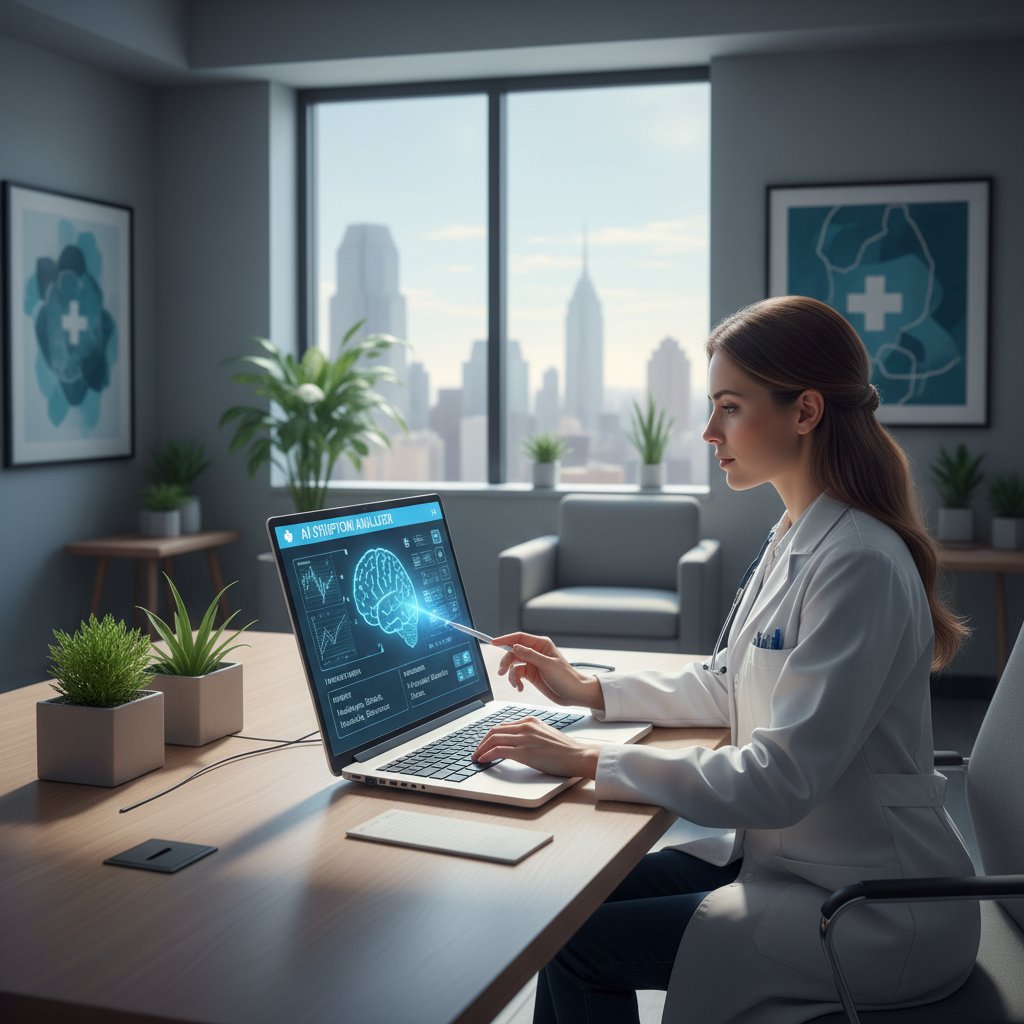 Lekarz korzystający z laptopa z aplikacją do analizy objawów AI, nowoczesne wnętrze gabinetu