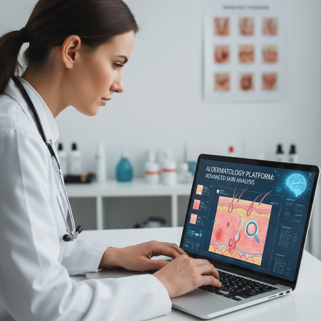 Lekarz patrzy na ekran laptopa z cyfrową analizą skóry – technologia, AI dermatologia