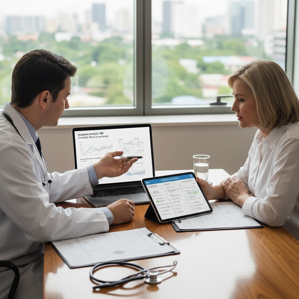 Lekarz korzystający z laptopa, obok pacjent z tabletem, na ekranach algorytm analizy objawów IBS