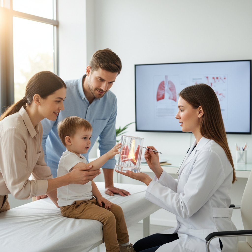 Zdjęcie lekarza pokazującego model krtani dziecku i rodzicom
