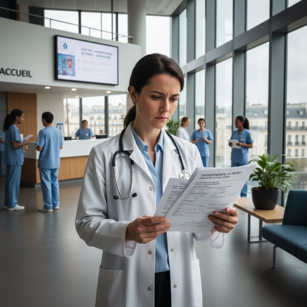 Lekarz konsultujący dokumenty medyczne po francusku na oddziale