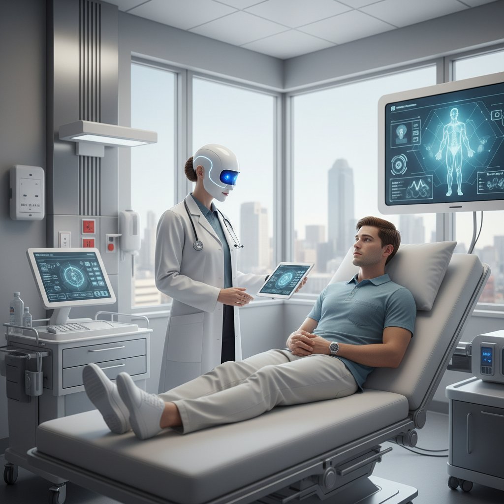 Lekarz korzystający z robota medycznego podczas konsultacji z pacjentem, nowoczesny szpital