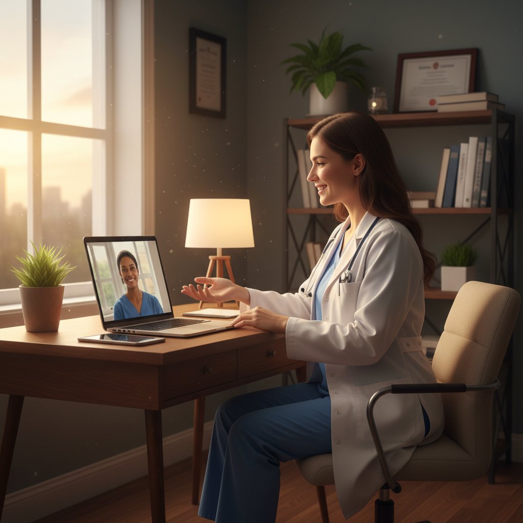 Lekarz prowadzący konsultację online w domowym gabinecie