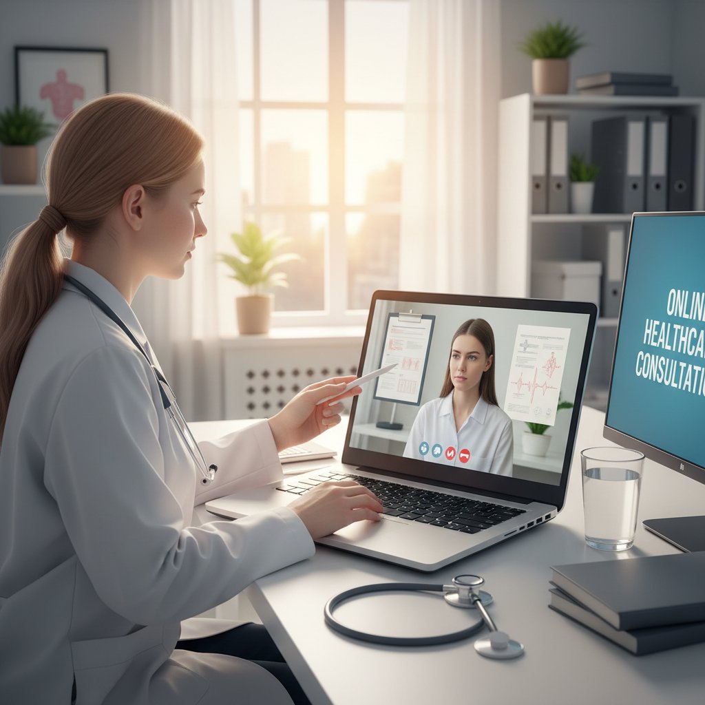 Lekarz rodzinny online korzystający z laptopa podczas konsultacji z pacjentem