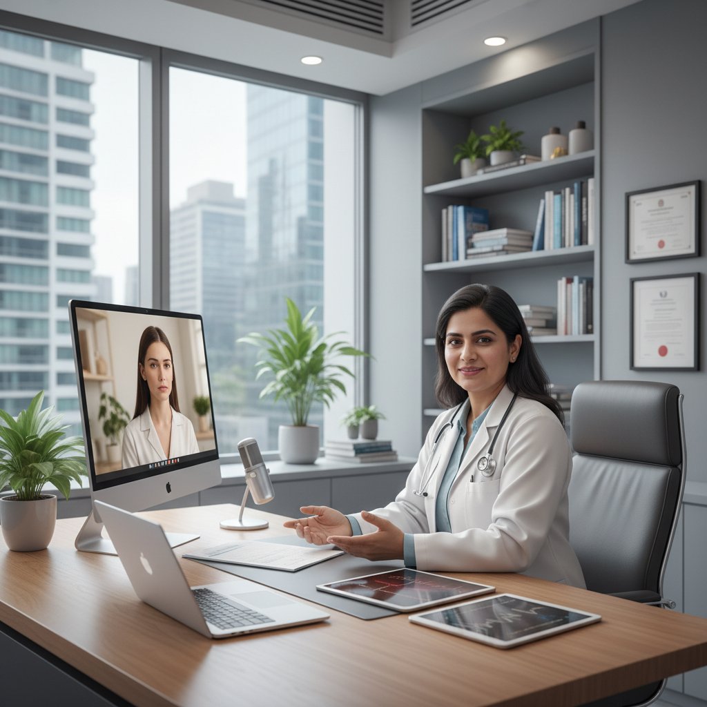 Lekarz prowadzący konsultację online z pacjentem, nowoczesne biuro, atmosfera zaufania i profesjonalizmu