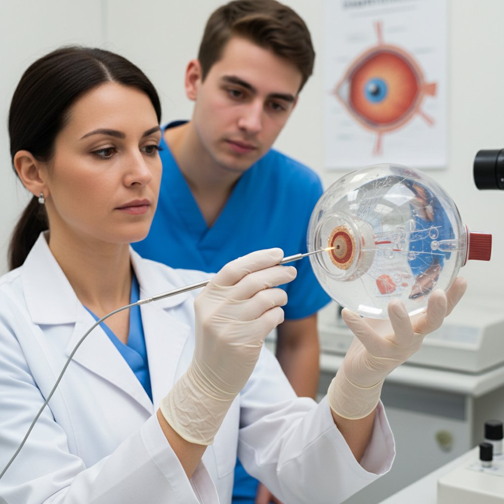 Lekarz okulista analizujący model oka z zaznaczonym ciałem szklistym