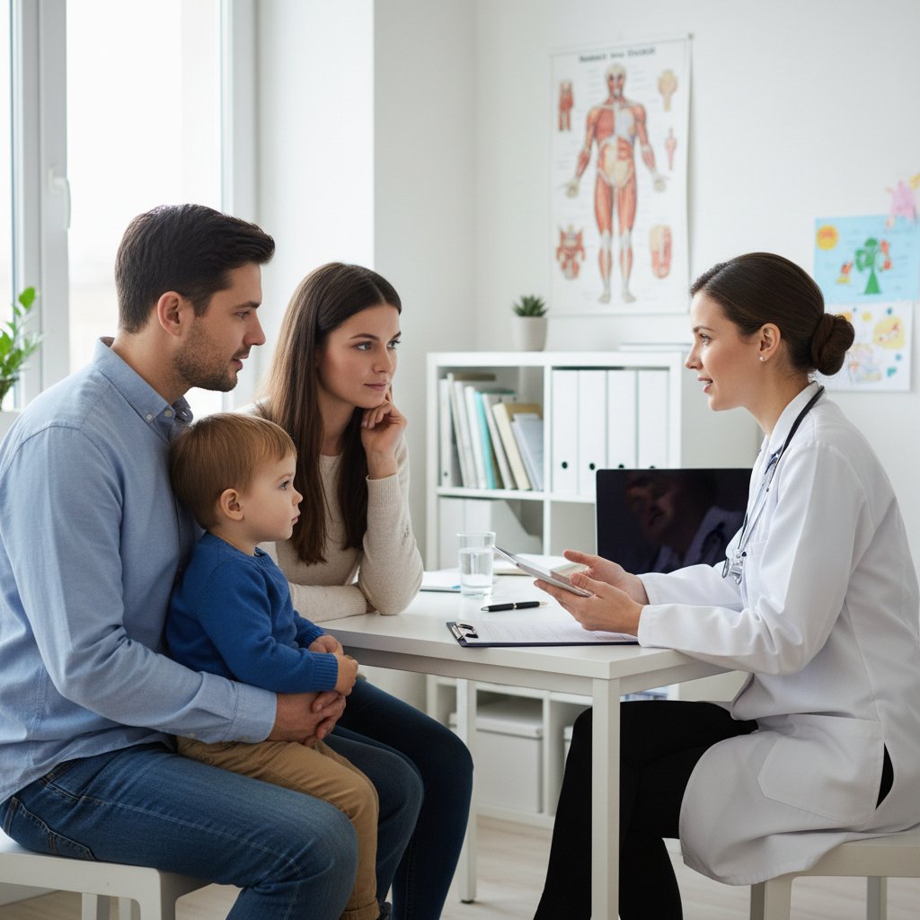 Lekarz rozmawiający z rodzicem i dzieckiem w gabinecie