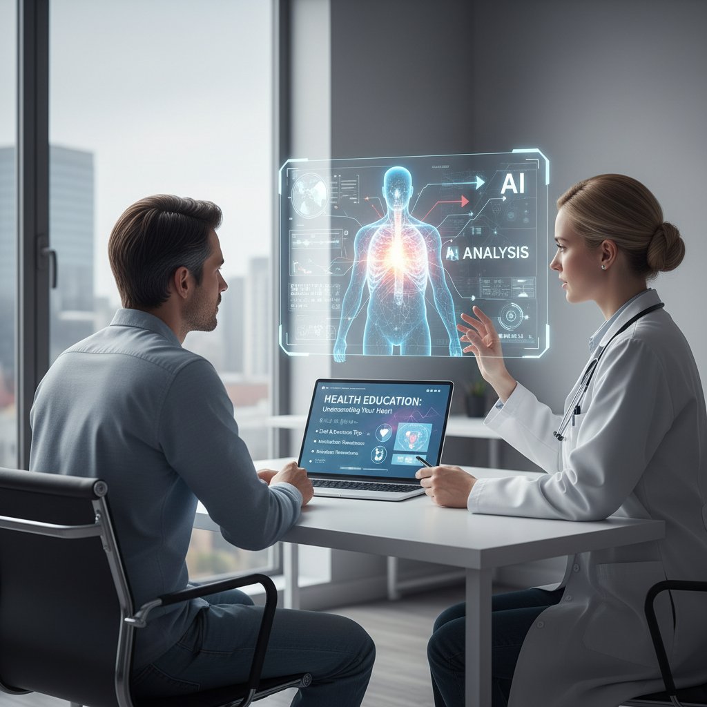 Lekarz rozmawia z pacjentem, obok ekran z analizą AI wspierającą edukację zdrowotną
