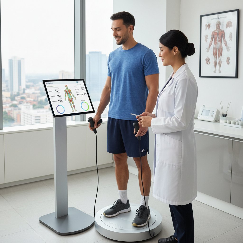 Lekarz używający analizatora składu ciała podczas konsultacji z pacjentem