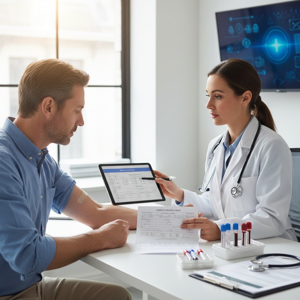 Lekarz omawia wyniki ferrytyny z pacjentem, konsultacja, zdrowie