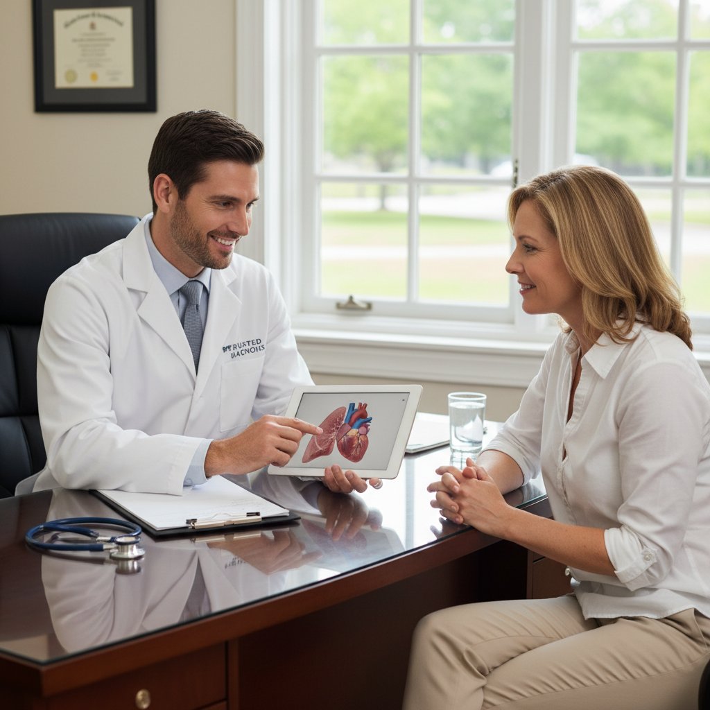 Lekarz rozmawiający z pacjentem w gabinecie, atmosfera skupienia i zaufania – ilustracja procesu diagnozy