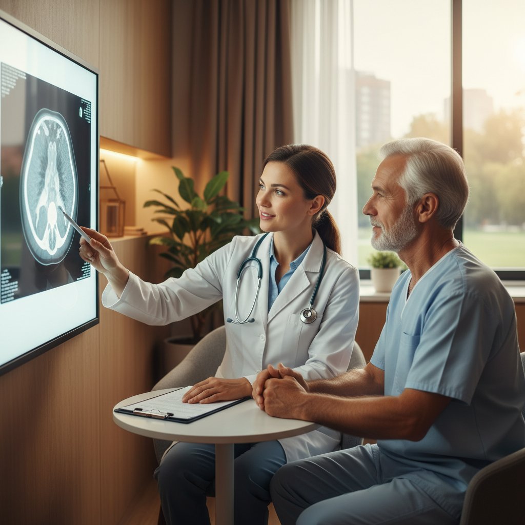 Lekarz rozmawia z pacjentem przed tomografią zatok, tłumacząc ryzyka i korzyści, atmosfera zaufania