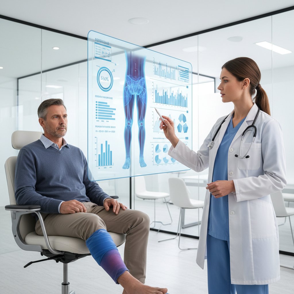 Lekarz i pacjent analizujący wykres danych na ekranie komputera w nowoczesnej klinice