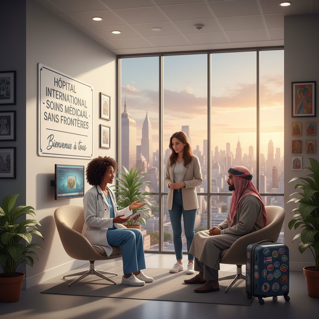 Lekarz i pacjent z różnych krajów rozmawiający w szpitalu, francuski medyczny online