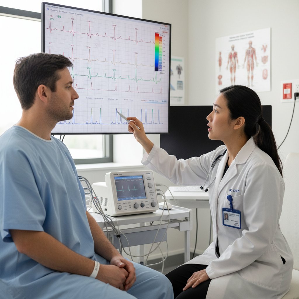 Lekarz analizujący EKG z pacjentem, symbolizujący proces leczenia bradykardii
