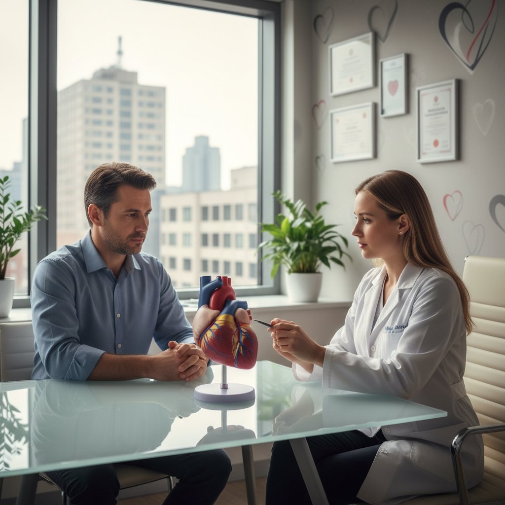 Lekarz pokazujący pacjentowi model serca, otoczenie gabinetu kardiologicznego