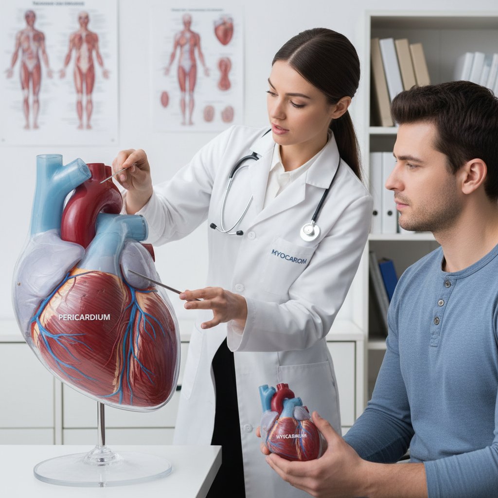 Lekarz pokazujący pacjentowi różnice między osierdziem a mięśniem sercowym na modelu serca – obraz edukacyjny