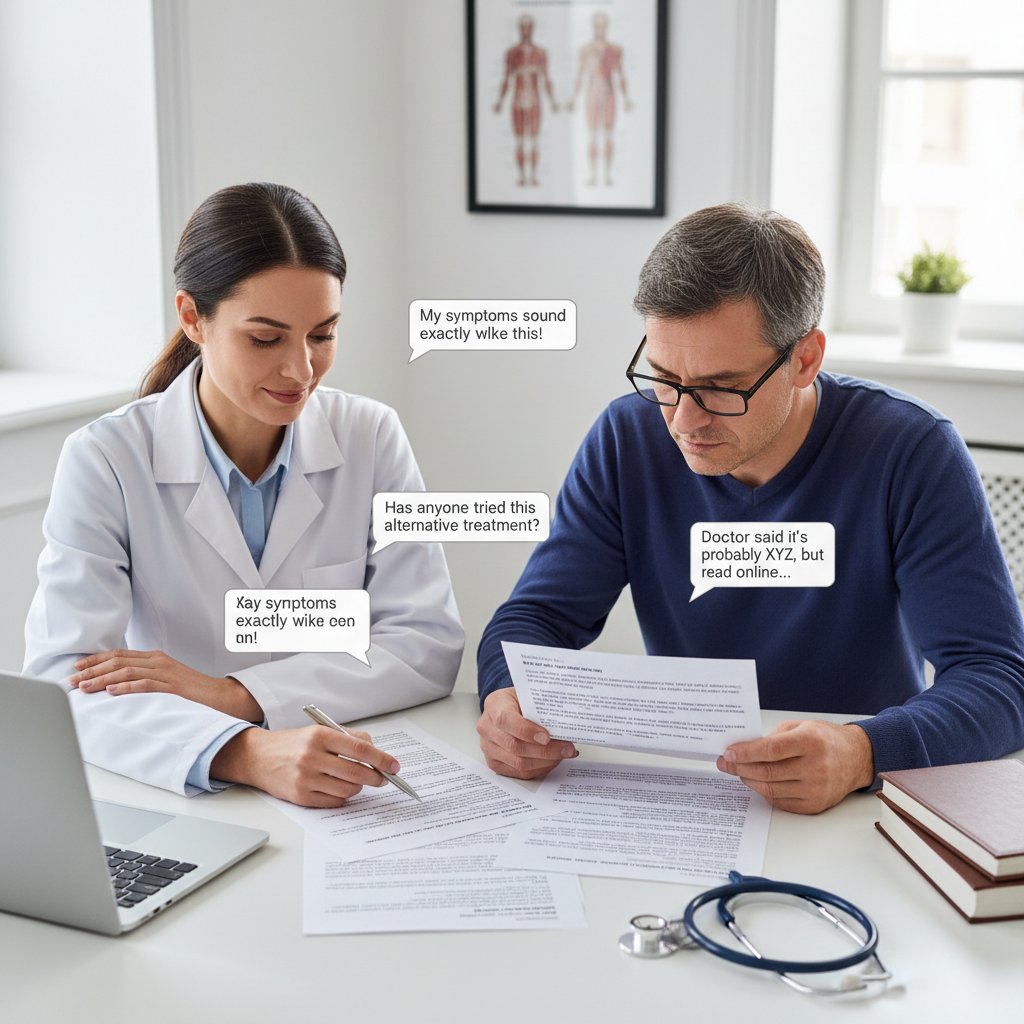 Lekarz rozmawia z pacjentem, w tle widać wydruki z forów internetowych, atmosfera dialogu i edukacji