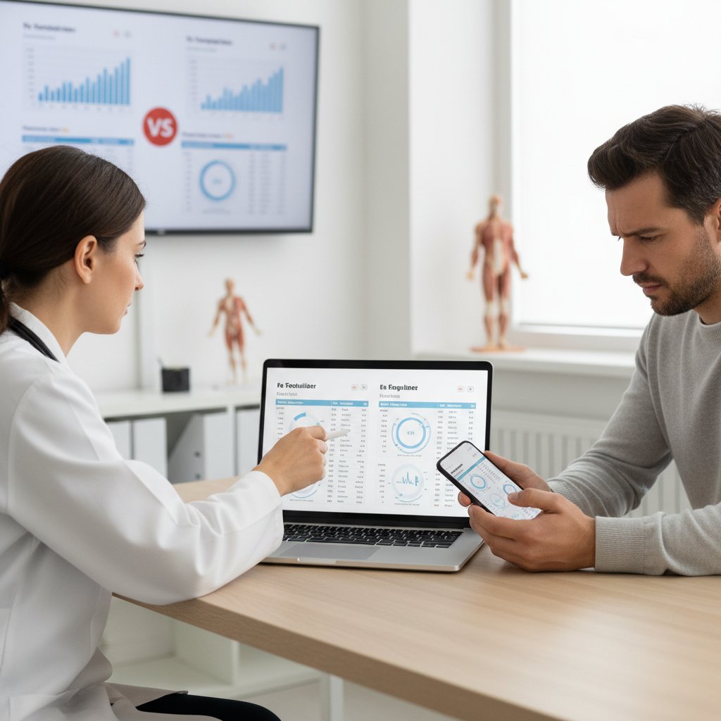 Lekarz rozmawiający z pacjentem oraz osoba korzystająca z laptopa i telefonu – zestawienie tradycyjnego i cyfrowego podejścia