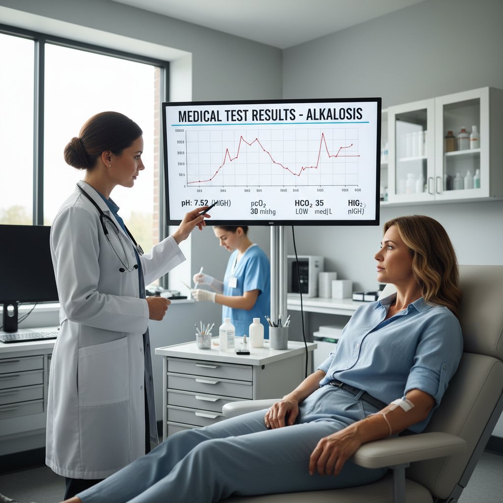 Lekarz analizuje wyniki gazometrii pacjenta z objawami zasadowicy, biurko z dokumentacją medyczną